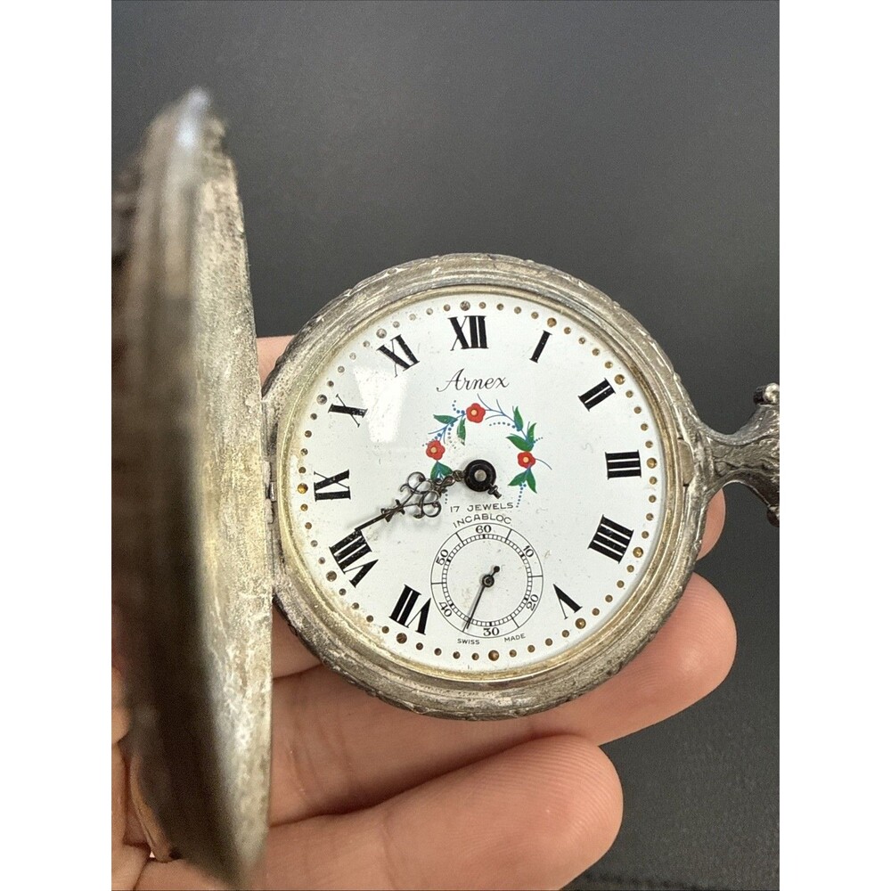 Vintage Arnex 17 Jewels Silver Tone Hunter Case Pocket Watch Floral Dial - PARTS